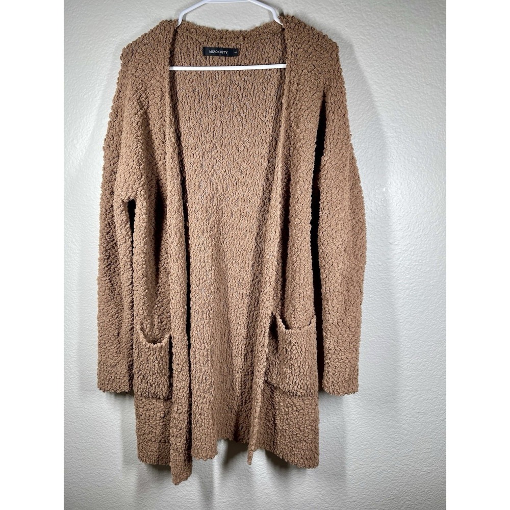 Women's Merokeety Open Front Sz Small  Boucle Long Sleeve Cardigan Brown Pockets